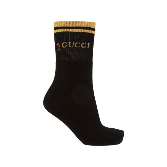 Gucci Women's Embroidered Rose Black Ankle Socks Medium size Authentic New - Picture 1 of 5